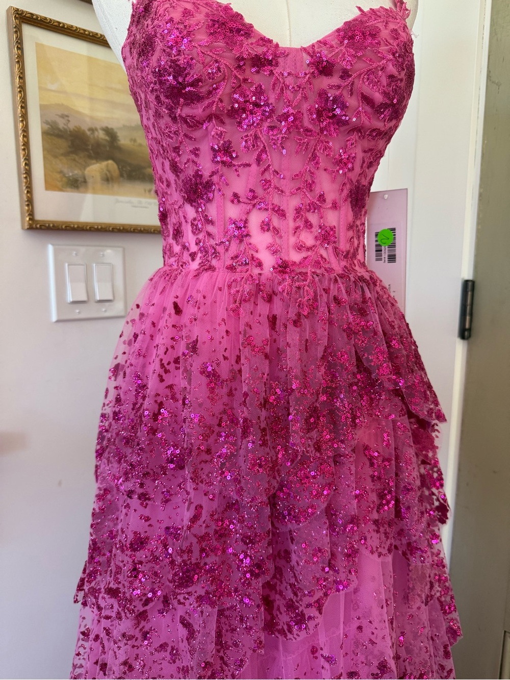 NWT Jovani Ballgown in Tiered Fuschia Pink Barbie Sparkle Dreams - Picture 7 of 10